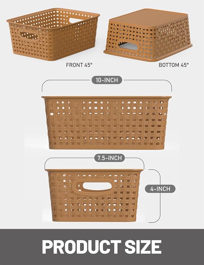 WYT 6-Pack Plastic Small Shelf Storage Weave Baskets Organizing for Cabinets and Pantries, Light Brown