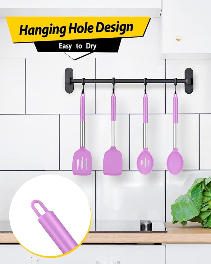 Pack of 4 Silicone Cooking Utensils Set, Non Stick Large Solid Spatulas, Heat Resistant Purple Slotted Spoons, Ideal BPA Free Kitchen Turners for Frying, Mixing,Serving,Draining,Turning,Stirring