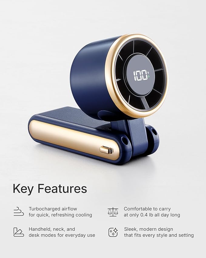 Portable Handheld Turbo Fan - 5 Gear High Speed 4000mAh Rechargeable Mini Personal Hand Fan Blow Cold Air, Battery Operated Travel Essentials, Beach Vacation, Gifts for Women, Men (Navy Blue)