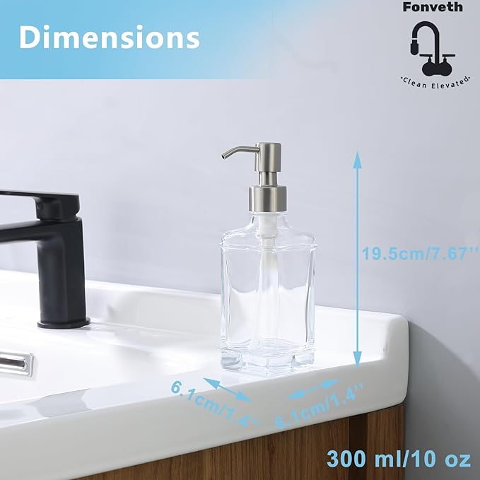 Clear Glass Soap Dispenser with Brushed Nickel Pump, 10 OZ Rectangle Glass Bottle with Stainless Steel Pump Refillable Liquid Hand Soap Dispenser Square Slim for Bathroom Kitchen