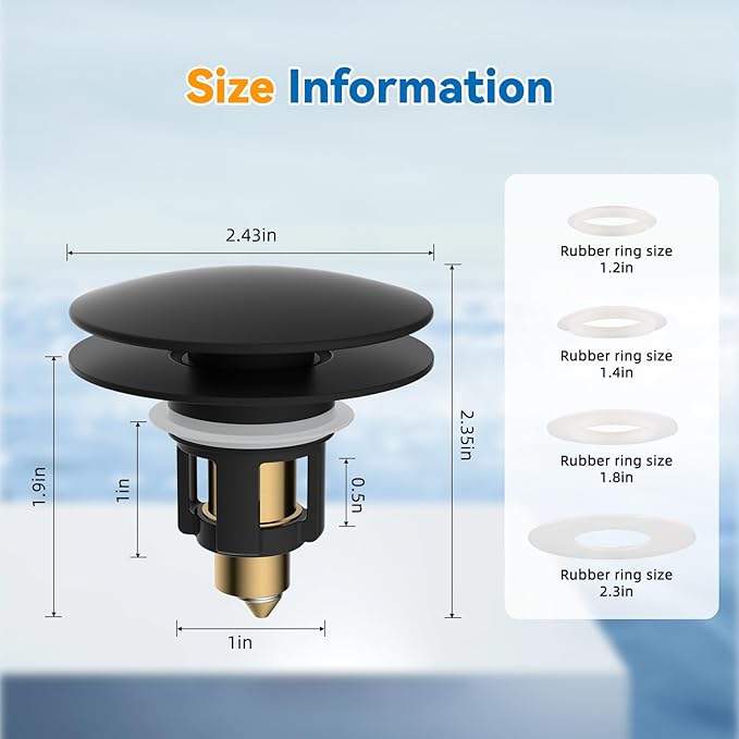 iFealClear Universal Black Bathroom Sink Stopper, Metal Pop Up Sink Drain Strainer with Hair Catcher, Fit 1.1"-2.36" US Basin, Wash Basin Drain Plug