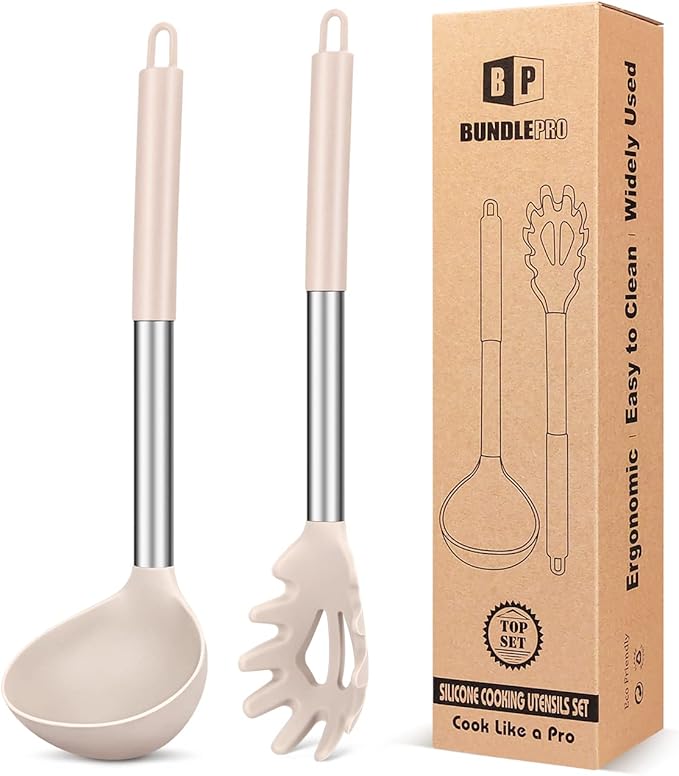 Silicone Pasta Fork and Ladle Spoon Set, Large Non Stick Kitchen Utensils for Cooking,Stirring,Serving Spaghetti, Soup, Sauce (KHAKI)