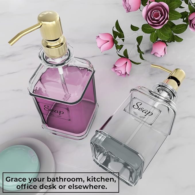 GLADPURE Soap Dispenser - 2 Pack, 18 Oz Antique Design Thick Glass Hand Soap Dispensers; with 304 Rust Proof Stainless Steel Pump, 6Pcs Clear Stickers, for Kitchen, Bathroom - Gold