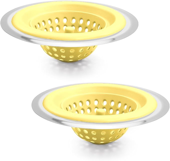 Silicone Strainer for Kitchen Sink, 2 Pack, Stainless Steel Reinforced, Basket Strainer, Drain Cover, Food Catcher, Debris Trap