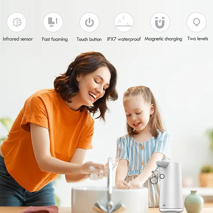 Automatic Foaming Soap Dispenser, 2-Level Adjustable Foam, USB Rechargeable, Touchless Hand & Dish Soap Dispenser for Bathroom, Kitchen, Hotel, Restaurant (Light White)