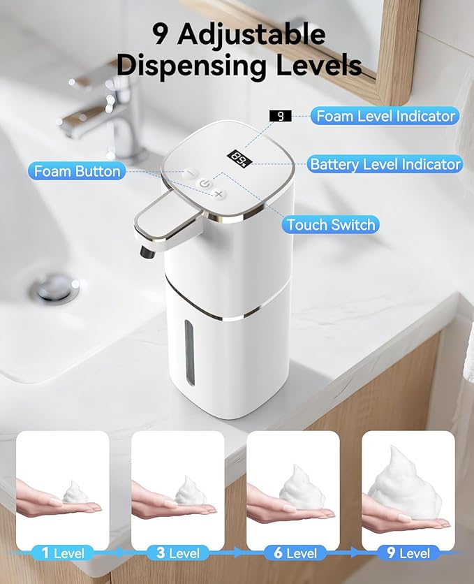 Luxspire Automatic Foaming Soap Dispenser, Touchless Foam Soap Dispenser, Rechargeabled 9 Adjustable Levels & IPX5 Waterproof Wall Mounted 420ml Soap Container for Bathroom, Kitchen and Hotel, White