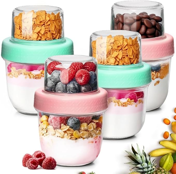 ComSaf Overnight Oats Containers with Lids (8oz+4oz, 4Pcs), Glass Yogurt Parfait Cups for Cereal Nut Fruit, Dual-Layer Chia Pudding Jars Reusable, Small Mason Jars for Salad, Meal Prep, Snack, Oatmeal