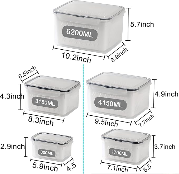 Large Fridge Food Storage Container Set with Lids with Strainer, Fruit Vegetable Storage Containers Keep Fruits, Vegetables, Berry, Meat Fresh longer, BPA-Free Plastic Produce Keepers