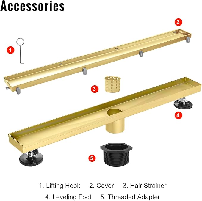 SaniteModar Linear Shower Drain, Gold Shower Drain 54 inch with Invisible 2 in 1 Tile Insert Panel