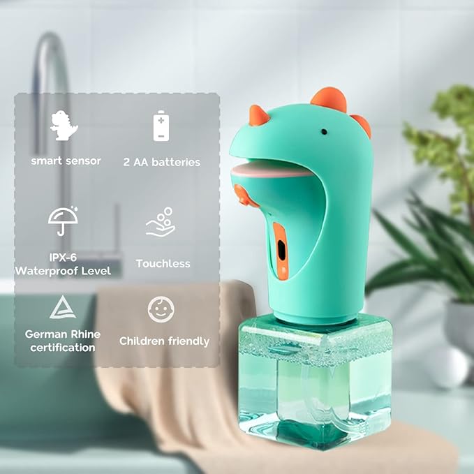 Dinosaur Automatic Soap Dispenser, Auto Foaming Touchless Hand Soap Dispenser for Kids, IPX6 Waterproof Cute Foam Sanitizer Dispenser for Bathroom Countertop, 8.7oz/250ML (Battery Type)