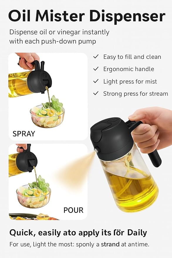 Olive Oil Sprayer for Air Fryer, 16oz Glass Oil Dispenser for Cooking, Food‑Grade Mist Bottle for Salad, Frying & BBQ”