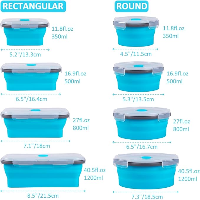 8 Pack Collapsible Food Storage Containers with Lids, Silicone Collapsible Food Containers, Collapsible Storage Containers Sets for Snack Camping RV