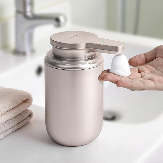 LAOPAO Automatic Soap Dispenser, Foaming Hand Soap Dispenser for Bathroom Kitchen ABS Rechargeable Touchless Hand Soap Pump 10oz, Xmas Gift, Light Silver Plastic