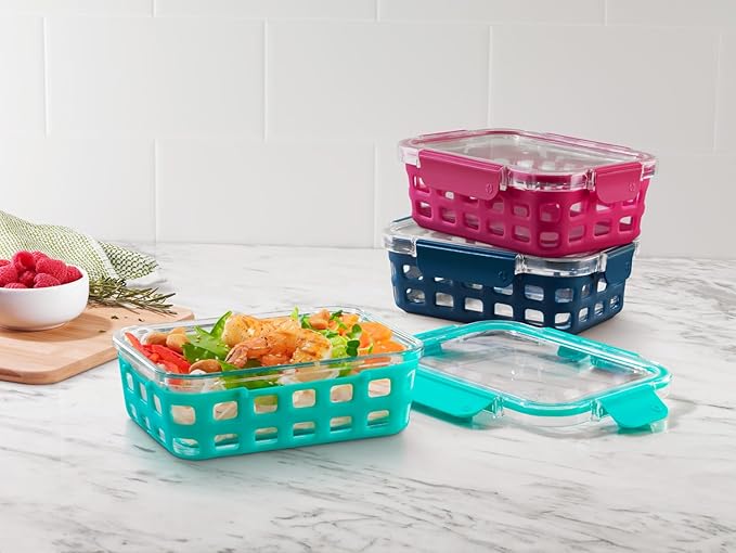 Ello Duraglass 3.4 Cup Meal Prep Sets 6Pc, 3 Pack Set- Glass Food Storage Container with Silicone Sleeve and Airtight BPA-Free Plastic Lids