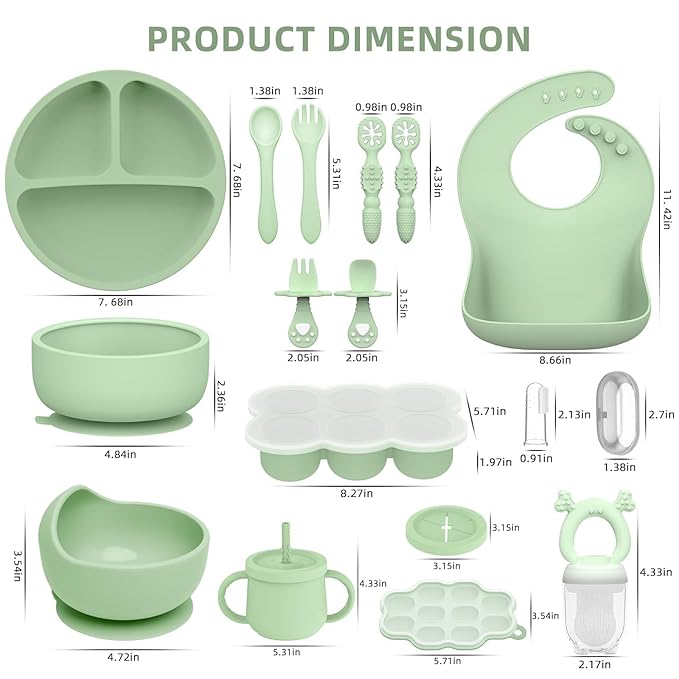 16 Pack Silicone Baby Feeding Set, BPA-Free Baby LED Weaning Supplies, Include Suction Plates, Baby Bowls, Silicone Fork & Spoon, and More, First Stage Baby Food Eating Utensils - 6+ Months(Green, 16)