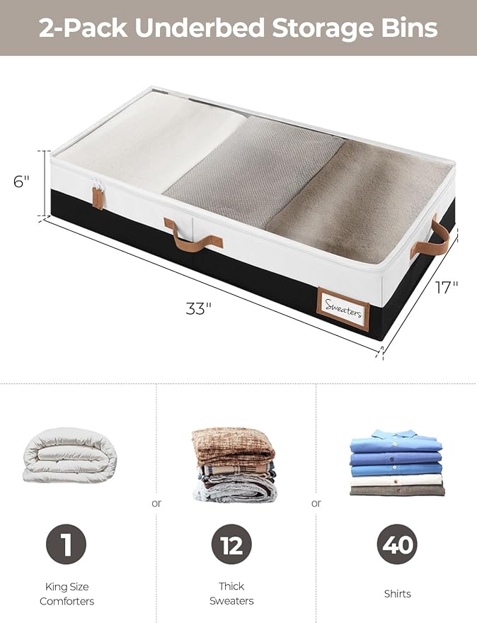 StorageWorks Large Under Bed Storage Containers with Handles and Label Holder, 2 Pack Ultra-thick Fabric Underbed Bins, Closet Organizer for Clothes
