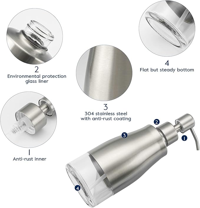 Gaussra 2 Pack Soap Dispenser with Coaster and Stickers, Stainless Steel Case Glass Liner Hand Pump Dispenser, Refillable Liquid Hand Soap Dispenser for Bathroom & Kitchen - Brushed Nickel