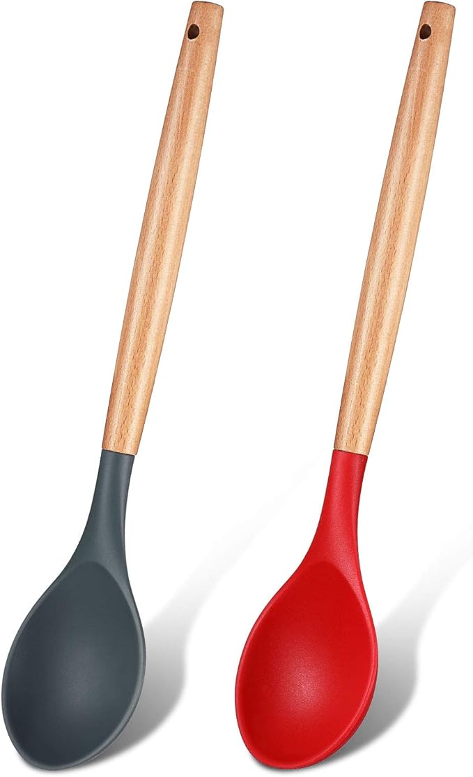 Patelai 2 Pieces Silicone Nonstick Mixing Spoon Kitchen Cooking Spoons Serving Spoon with Wooden Handle Heat Resistant Utensil Spoons for Mixing, Baking, Serving and Stirring(Red, Gray)