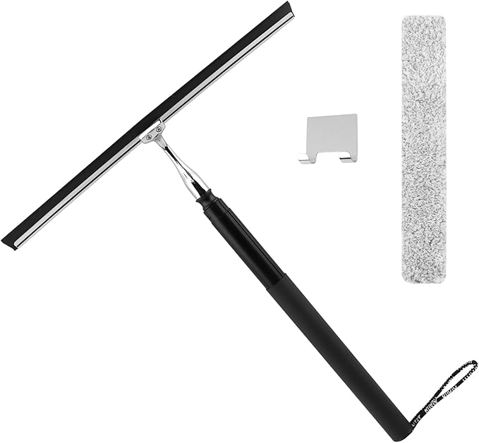 Shower Squeegee with Long Handle and Adhesive Hook, 16.93" to 59.84" Telescopic Squeegee for Window Cleaning