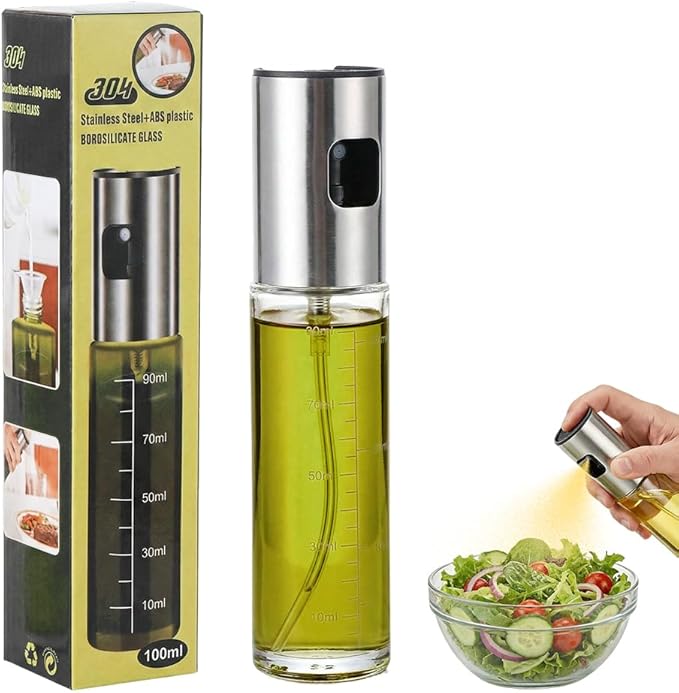 Oil Sprayer for Cooking,Olive Oil Sprayer,3.38 Oz/100ml,Press Oil Spray Pot with Scales,304 Stainless Steel Glass Oil Spray Bottle for Salad, Baking, BBQ, Air Fryer Accessories (1 Bottle)