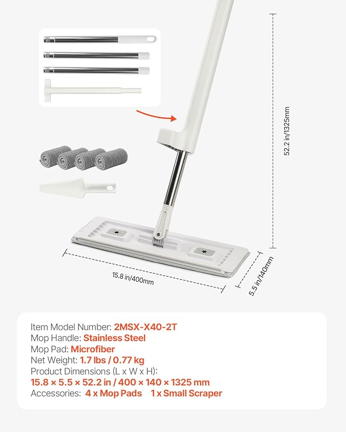 VEVOR Flat Mop, Self Wringing, Microfiber Floor Cleaner with 4 Reusable & Washable Pads for Dry & Wet Floor Cleaning, Microfiber Flat Mop with Stainless Steel Handle for Hardwood Laminate Tile Vinyl