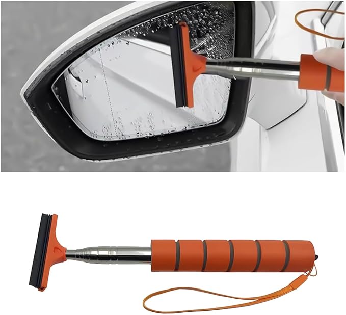 8sanlione Car Rearview Mirror Wiper, Retractable Auto Glass Squeegee, Water Cleaner with Telescopic Long Rod, Portable Cleaning Tool for All Vehicles