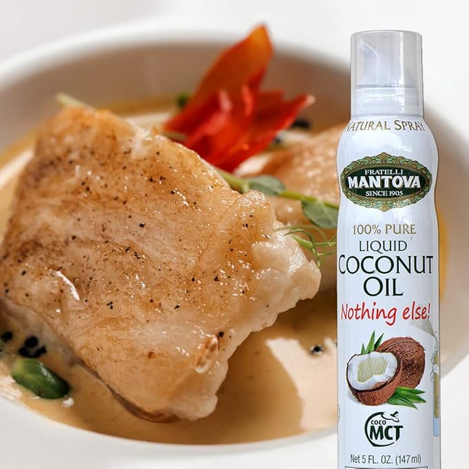 Mantova Coconut Oil Spray, 100% Pure Cooking Oil, Ideal for Healthy Keto Snacks, Baking, Grilling, and Seasoning - Versatile Dispenser for Spray, Drip, or Stream with No Waste, 5 oz
