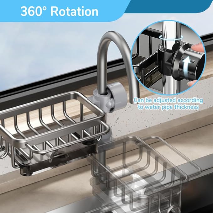 Eadwe Sink Organizer Rack for Kitchen and Bathroom, 2024 New Kitchen Sink Faucet Organizer with Drip Tray Faucet Sponge Holder (Black, Right)