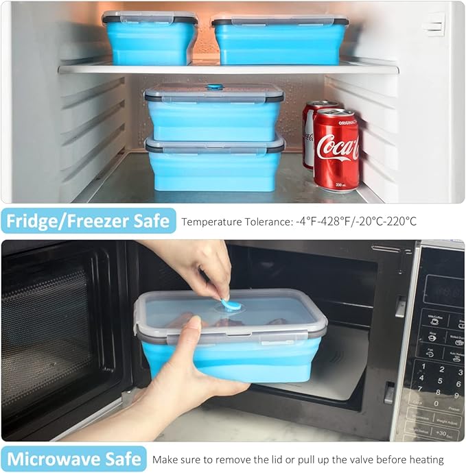 Collapsible Food Storage Containers with Airtight Lid & Air Vent, 40.5 oz, Kitchen Stacking Silicone Collapsible Meal Prep Container Set for Leftover