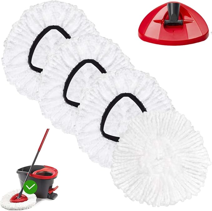 Mop Replacement Head - 4 Pack EasyWring Mop Refills Compatible with Triangle Spin Mop - Microfiber Mop Easy Cleaning Floor Head Mop for Floor Cleaning Includes 1 Rotating Mop Base