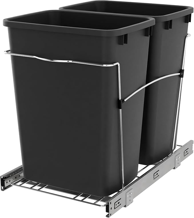 Rev-A-Shelf RV-18KD-18C S Double Pullout Trash Can for Kitchen Cabinets 35 Qt Garbage Recycling Bin on Full Extension Slides, Black
