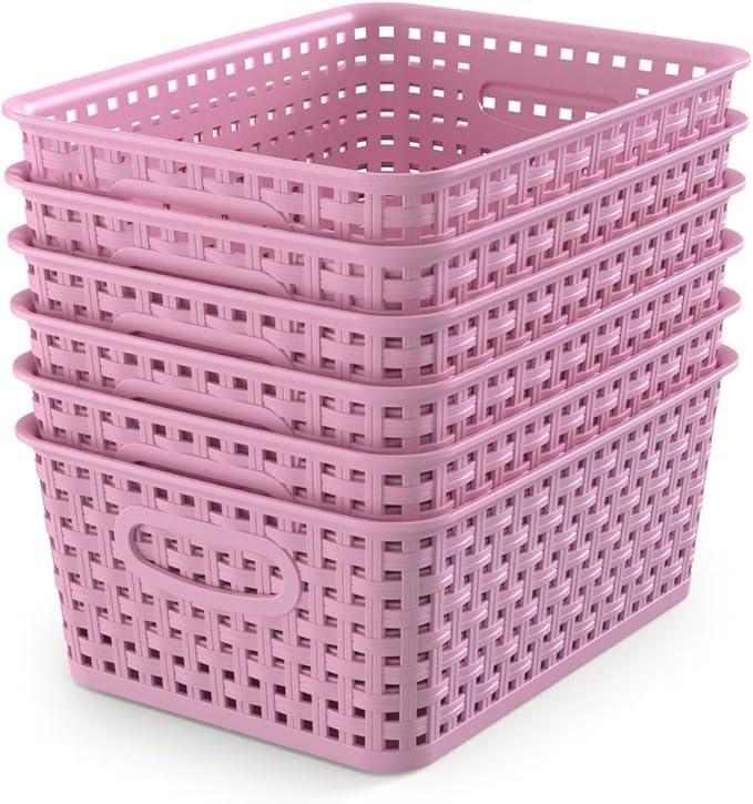 WYT 6-Pack Plastic Small Shelf Storage Weave Baskets Organizing for Cabinets and Pantries, Lavender Purple