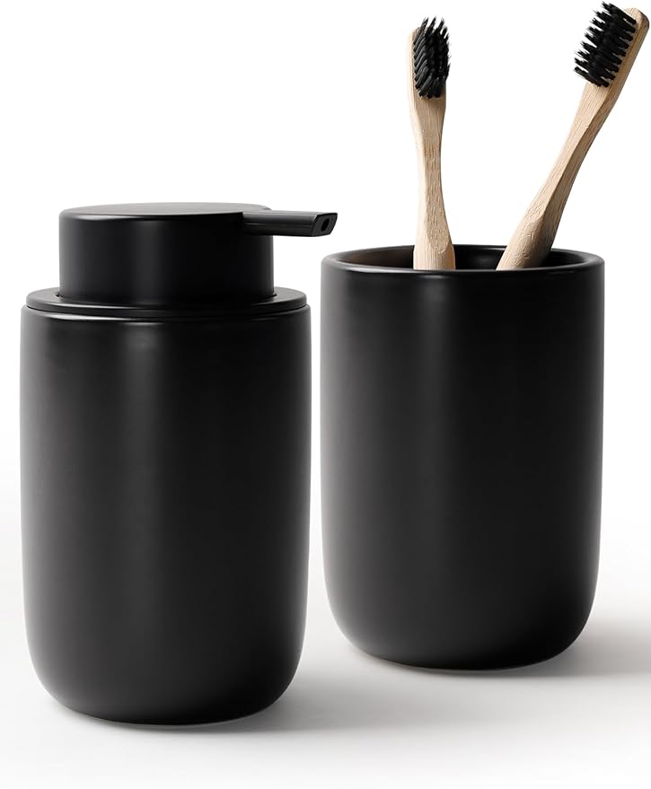 Bosilunlife Soap Dispenser and Toothbrush Holder Set - Dish Hand Soap Dispenser Bathroom Set Ceramic Bathroom Counter Soap Toothbrush Holder Set Black Bathroom Accessories Set
