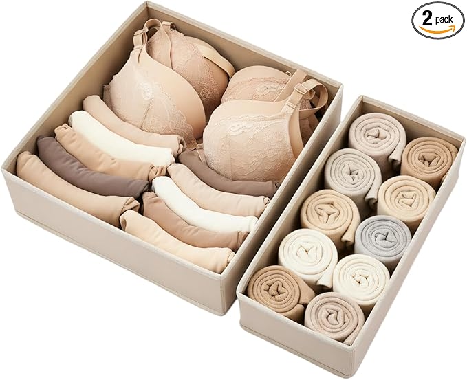 Underwear Drawer Organizer 2 Pack - Foldable Fabric Storage Bins for Dresser & Closet, Khaki Sock and Bra Dividers, 2 Sizes for Bedroom Organization