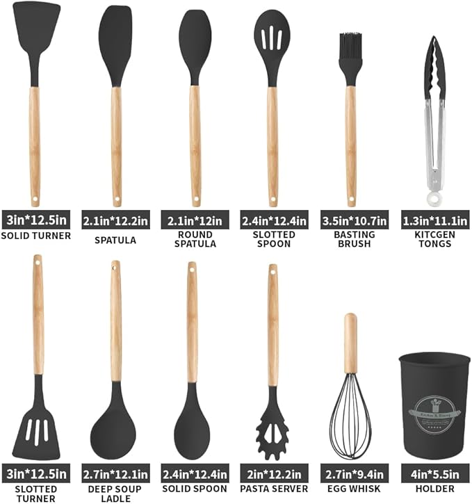 Silicone Cooking Utensils Set, 12Pcs Large Heat Resistant Kitchen Utensils, Turner Tongs, Spatula, Spoon, Wooden Handle Kitchen Gadgets with Holder for Nonstick Cookware, Dishwasher Safe (Black)
