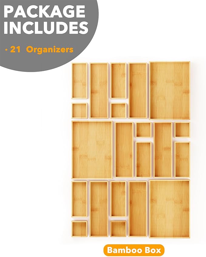 SpaceAid 21-Piece Bamboo Drawer Organizer Storage Boxes Set, Wood Tray Junk Drawer Organizers Multi-Use Divider Bins for Kitchen, Bathroom, Office Desk and Makeup Organization (21 Pack, Natural)
