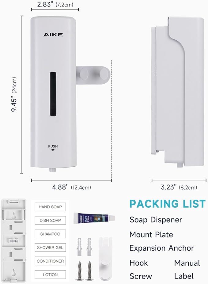 AIKE EasyPush Liquid Wall Mount Soap Dispenser,11.8 fl.oz. for Commercial and Home(White)