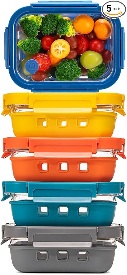 GENICOOK 2.7 CUP Glass Food Storage Containers with Glass Lids,5 Pack-Aitight Meal Prep Container Set with Silicone Sleeve, BPA-Free, Dishwasher