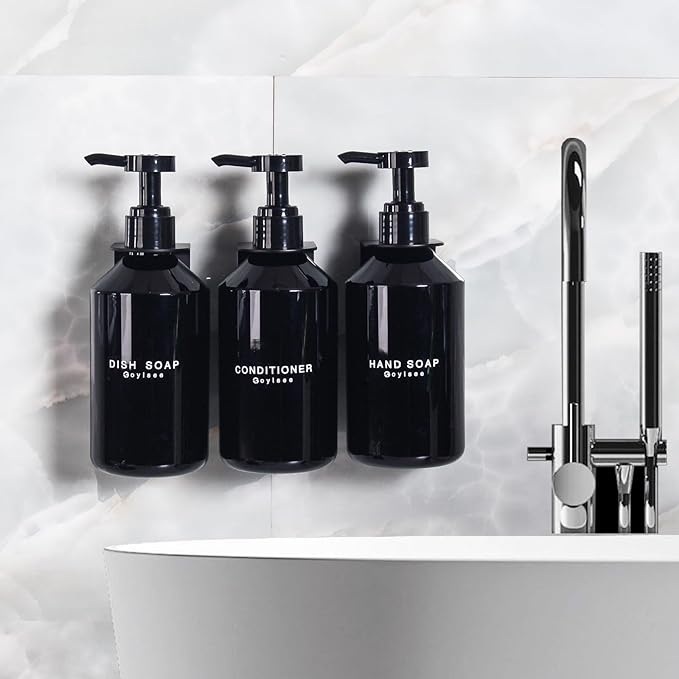 3-Chamber Shampoo & Conditioner Dispenser - Wall-Mounted Soap Dispenser Plastic Bottles with 4CC Pumps, No Drill Installation, Refillable for Bathroom, RV, Commercial Use Black