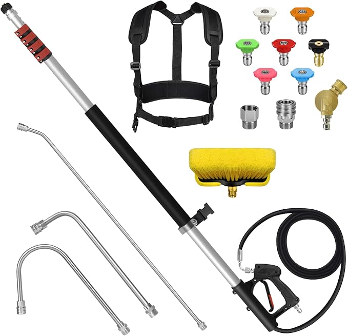 LidoDola 24FT Telescoping Pressure Washer Wand Kit - 2 Extension Poles, Gutter Cleaner, Brush, Pivoting Coupler & 7 Nozzles for Roof, Deck, Vehicle, Sidings