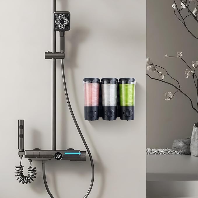 Shampoo Conditioner Body Wash Dispenser No Drill Shower Soap Dispenser Wall Mounted Shampoo Dispenser 3 Chamber with Upgrade Pump Head Bathroom Soap Dispenser 450ml/Each Black