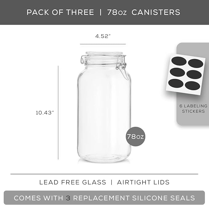 JoyJolt Airtight Glass Jars with Lids Set of 3. 78oz Glass Jar with Lid and 6 Silicone Seals! Large Glass Food Storage Containers. Square Mason Jar