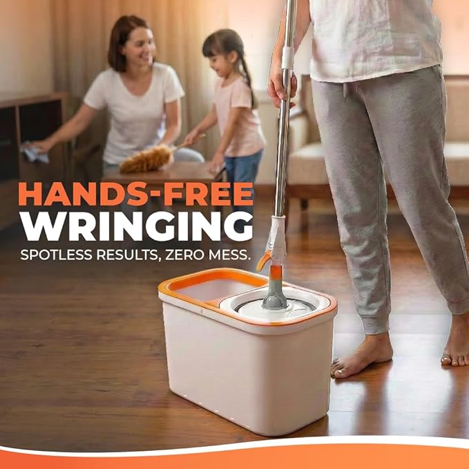 Grazie Spin Mop & Bucket Set - 360° Self-Wringing System, Stainless Steel Handle - Hands-Free Floor Cleaning for Hardwood, Tile, Laminate - Includes 2 Washable Microfiber Mop Head Refills