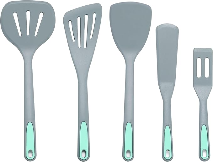 To encounter 5 Pieces Silicone Spatula Set, Non-Stick Silicone Turner Spatulas, Heat Resistance Cooking Utensils, Flip Turner for Fish, Egg, Pancake,Dishwasher Safe, Light Grey