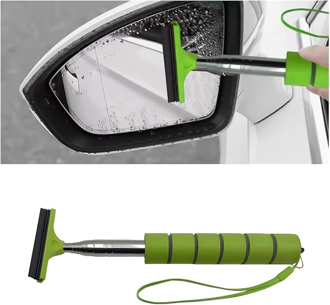 8sanlione Car Rearview Mirror Wiper, Retractable Auto Glass Squeegee, Water Cleaner with Telescopic Long Rod, Portable Cleaning Tool for All Vehicles
