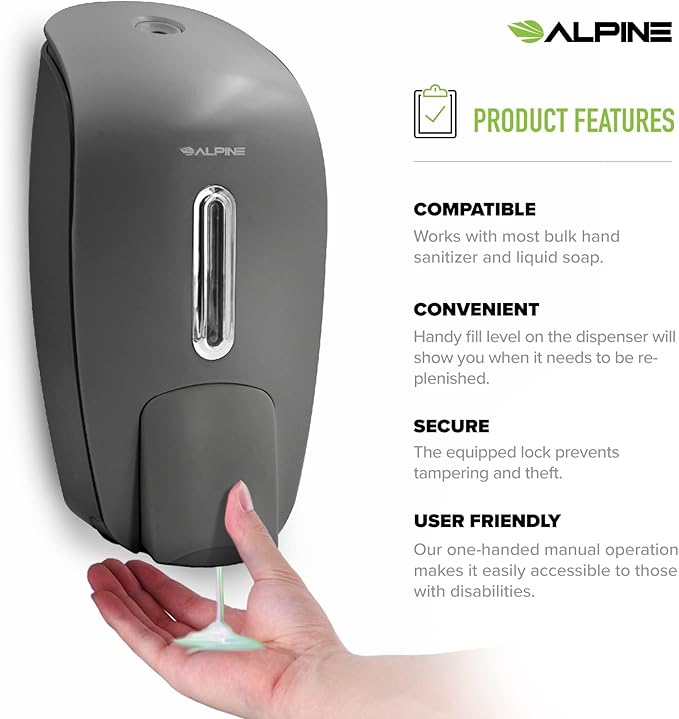 Manual Soap Dispenser Wall Mount - Commercial Soap Dispenser Wall Mounted for Liquid Soap & Hand Sanitizer in Bathroom, Kitchen, Businesses Refillable Large 800 ml Capacity - Grey by Alpine Industries