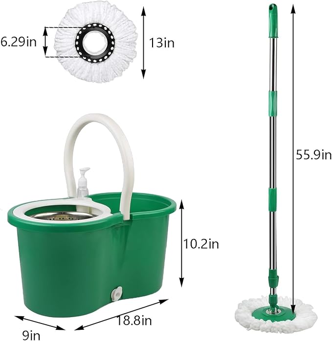 Spin Mop and Bucket Set,for Floor Cleaning,with 56" Adjustable Handle and 3 Microfiber Mophead(20QT Green)