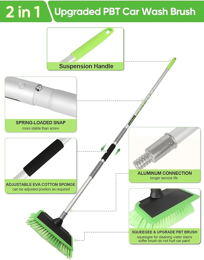 2 in 1 Car Wash Brush with Squeegee PBT Soft Bristle Truck Scrub Detail Brush 60” 151cm with Adjustable Long Handle for Interior Exterior Car Truck RV Boat Deck House Siding Cleaning Sweep Snow