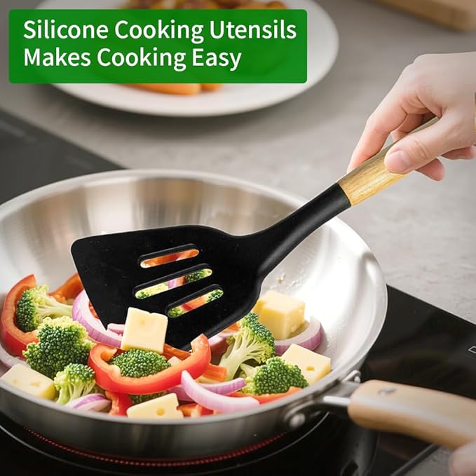 Kitchen Utensils Set for Cooking : 12 Pieces Silicone Wood Handle Kitchen Spatula Set - Heat Resistant Kitchen Gadgets Tools for Non-Stick Cookware (Black)