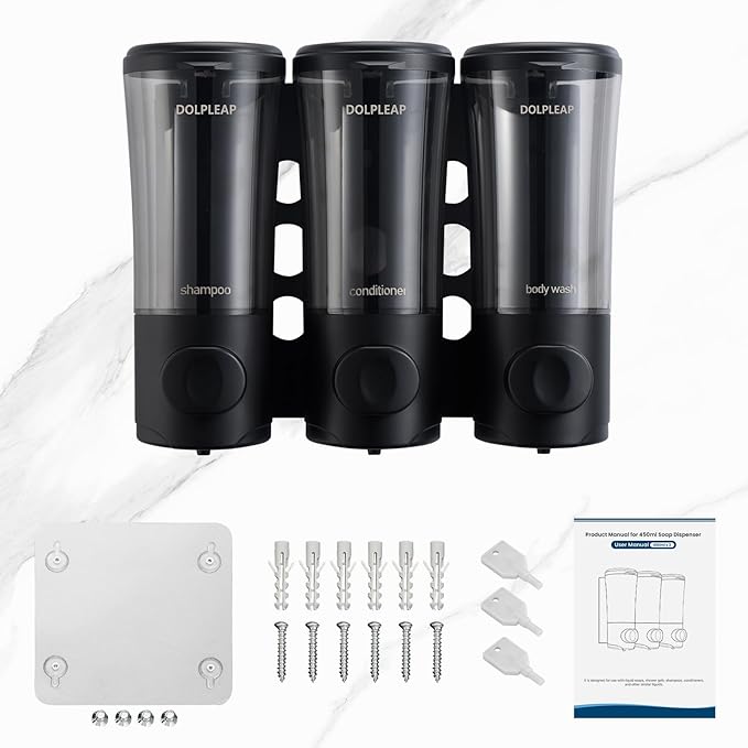 Shampoo Conditioner Body Wash Dispenser No Drill Shower Soap Dispenser Wall Mounted Shampoo Dispenser 3 Chamber with Upgrade Pump Head Bathroom Soap Dispenser 450ml/Each Black